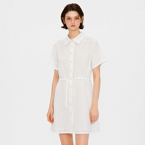 Robe chemise en coton blanc pour femme, manches courtes, col polo, boutonnée devant, taille à cordon, style minimaliste, printemps été, tenue décontractée - Product Image 1