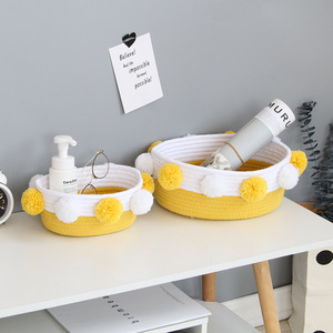 Pliable <span class=keywords><strong>Petit</strong></span> Rose et Blanc Jouets Maquillage Serviette Cadeau Organisateur Pom Pom Décor Tissé Coton Corde <span class=keywords><strong>Panier</strong></span> pour Salon - Product Image 2