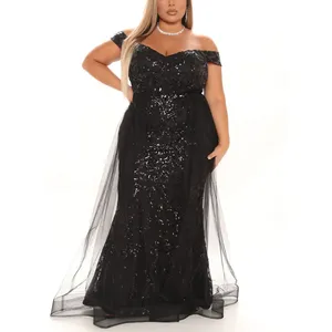 Elegant Evening Dresses Black Sequin Off Shoulder Sleeveless Tulle Skirt Overlay Maxi Dress Plus Size Evening Dresses