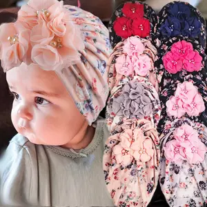 Cheap Baby Girl Bow Nylon Headband Toddler Head Wraps Flower Floral Printed Elastic Turban Hats With Pearl
