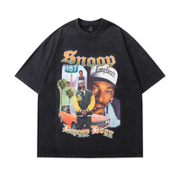 Kaos Vintage Retro Hip Hop Gaya Amerika Berkualitas Tinggi dengan Cetakan Kapur, Efek Dicuci dan Usang, Lengan Pendek