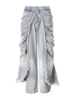 Pantalon cargo en jean délavé coupe droite unique pour femme, style streetwear décontracté, automne-hiver-printemps, avec volants et plis