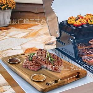 Tabla de cortar de madera maciza rectangular multifunción para carne, pizza, frutas con bandejas para salsas - Product Image 2