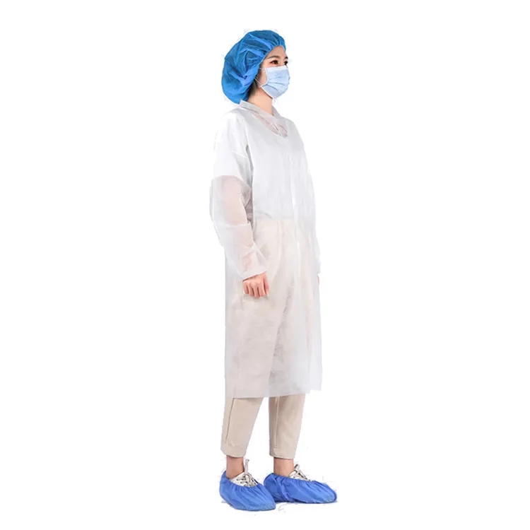 Wholesale Costumised Medical Disposable Non Woven White Lab Coat with Snaps for Chemistry Lab