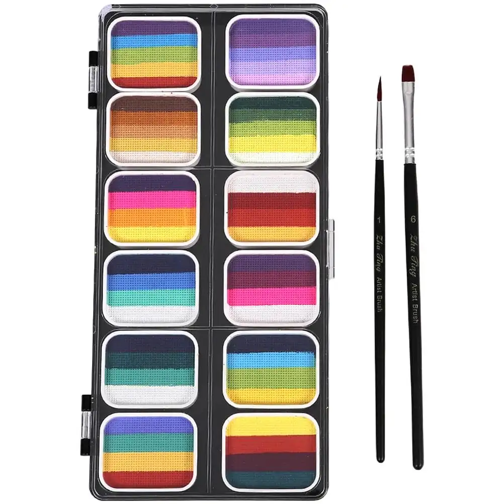 12 colori gradiente lavabile arcobaleno striscia di pittura Set vernice per il viso Kit per il trucco per bambini Palette Halloween il corpo della penna