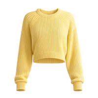 Pull court côtelé en crochet pour femme, col rond, sans manches, épais, avec logo frontal, jaune pastel, pour l'automne