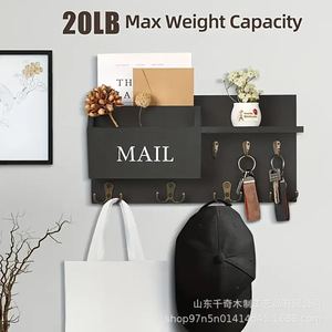 Solid Wood Wall Mounted Mail Organizer With <b>Hooks</b> And Storage Tray For Home Entryway Decoration - Product Image 4