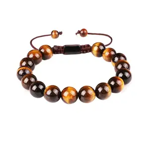 Klassieke Ontwerp A + Grade Brown Tiger Eye Edelsteen Gevlochten Rvs Custom Logo Macrame Armband Voor Mannen JBS10122