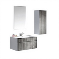 Meuble-lavabo flottant minimaliste blanc et gris avec tiroirs sans poignées, miroir sans cadre et armoire de rangement, certifié CE