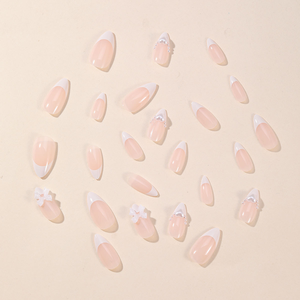 Uñas Postizas de Almendra Blancas con Diseño Francés y Lazo de Perlas, Desmontables, 24 Piezas con Lima de Uñas - Product Image 3