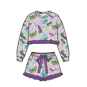Précommande : Tenues décontractées imprimées avec masque Mardi Gras et shorts à volants pour petites filles, assorties pour sœurs, pour festivals et célébrations, vente en gros pour enfants - Product Image 2