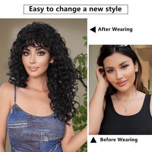 Peluca de Cabello Largo y Rizado con Flequillo, Estilo Europeo Americano, Color Negro, para Mujer, Ondulado Profundo, Sin Remy, Cobertura Completa - Product Image 3