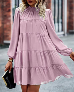 Nouvelle vente bébé poupée robe en mousseline de soie pour les femmes élégant bureau dames col montant à plusieurs niveaux Flwowy balançoire trajet décontracté changement Mini robe - Product Image 4