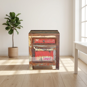 Reclaimed Vintage Bohemian Style Old Wooden Bedside <b>Storage</b> <b>Drawer</b> Table Cabinet Double Tier Standing Type for Living Room - Product Image 2