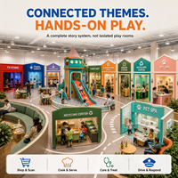 Aire de jeux intérieure commerciale pour enfants, avec zones d'activités familiales, incluant TV, épicerie, science, piscine à balles, et thème 'Fire Ball City', testée par une tierce partie