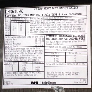 Nouveau pour DH361UWK, boîtier de déconnexion 4X en acier inoxydable, 3 pôles, 30-600 volts, non fusible - Product Image 2