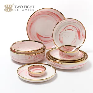 Veweet — ensembles d'assiettes luxueux en marbre rose à bordure dorée, vaisselle de table en céramique, bol rond en porcelaine, ensembles de plats pour Restaurant hôtel