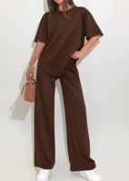 Ensemble 2 pièces mode estivale pour femme : haut à manches mi-longues couleur unie et pantalon décontracté ample à jambes larges avec empiècements et patchs