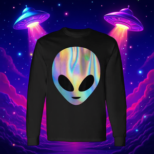 T-shirt à manches longues coloré motif tête d'alien et soucoupe volante, style 'Believe Rainbow Rave', pour promotions - Product Image 3