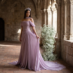 Robe de soirée sirène violette Nt19 à sequins et strass sur les épaules, en mousseline fendue, pour bal de promo, fête, invitée de mariage, événements formels, avec plumes - Product Image 1
