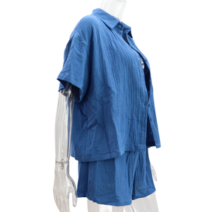 Ropa de mujer 2024 Vocation Conjuntos de dos piezas Pijama familiar de algodón Blusas y pantalones cortos verdes y azules - Product Image 3