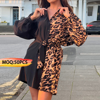 Fabricants de vêtements pour femmes couleur personnalisée bloc col rabattu imprimé léopard manches longues deux tons dames mini robe courte