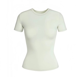 T-shirt mignon pour femme, style <span class=keywords><strong>Kim</strong></span> <span class=keywords><strong>Kardashian</strong></span>, manches courtes, coupe ajustée extensible, col rond en pur coton, collection Printemps 2025 - Product Image 6