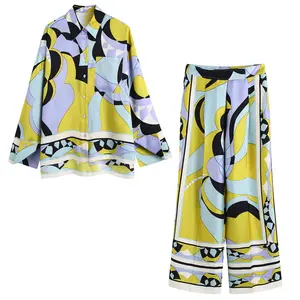 ANSZKTN Women design turn down collar multi color floral print long sleeve blouse shirts long wide leg pants 2 pcs set