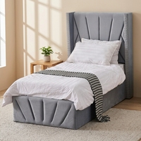 Cama de almacenamiento de terciopelo de felpa con rayas diagonales y tachuelas en alas Marco de cama de plataforma de tamaño individual tapizado con almacenamiento