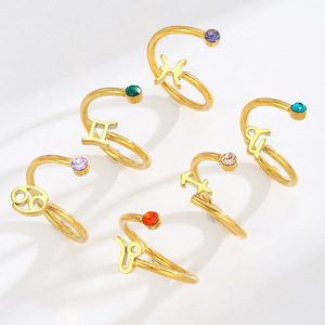 Moda minimalista 12 <span class=keywords><strong>horóscopo</strong></span> signo del zodiaco anillos de acero inoxidable 18K chapado en oro anillo de circón anillo de apertura ajustable para mujeres - Product Image 3