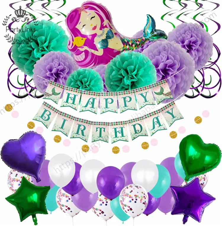 Little Mermaid Themed Birthday Letter Pull Flag Party Decoration Mermaid Kids & Adult Happy Birthday Banner Celebration Supplies