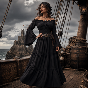 Accessoires de costumes médiévaux, costumes de films, robe longue à manches cloche, taille smockée et à volants pour femmes, pour Halloween, cosplay, LARP - Product Image 4