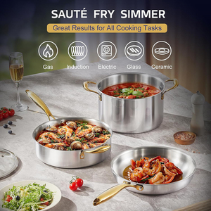 Ensemble de casseroles en acier inoxydable moderne de 12 pièces avec poignées dorées et couvercles en verre, compatible avec les cuisinières à gaz et à induction - Product Image 3