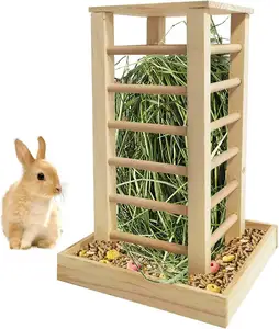 Wooden round Hay Feeder Self-Feeding Rabbit Feeding Rack Standing Pet Grass Manager for Small Animals