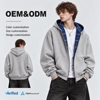 Blouson à capuche réversible pour homme, motif écossais, fermeture éclair, sweat-shirt, prix usine OEM ODM, vente en gros, surdimensionné, gris, vêtement d'extérieur