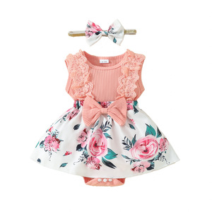 Combinaison en tricot de coton sans manches pour bébé fille, avec dentelle, motif floral et nœud, pour 0-1 an, avec bandeau assorti - Product Image 5