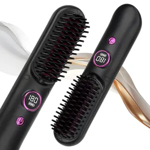 Customized Private Label Mini Electric Hot Comb Cordless Ceramic USB Rechargeable Negative Ion Hair Straightener Brush
