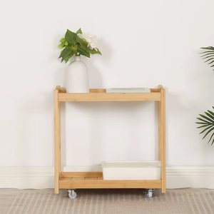 Bamboo <b>Side</b> <b>Table</b> With Wheels Movable <b>Storage</b> Cart For Bedroom Living Room - Product Image 2