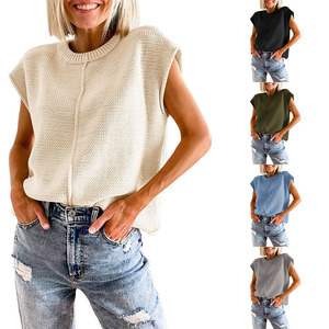 Summer New Girl's Hollowed Out Knitted Vest Striped Round Neck Sleeveless Ladies Solid Color Sweater Top - Product Image 1
