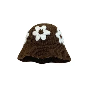 Hand Knit Boho Crochet Bucket Hat Hollow Out Flower Color Fisherman Hat Folded for Women baby hat baby cap