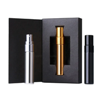 Vente en gros de flacons de parfum en verre miniatures portables rechargeables de 3 ml, 5 ml, 10 ml, 15 ml, finition mate, noir, or, argent, avec boîte en papier