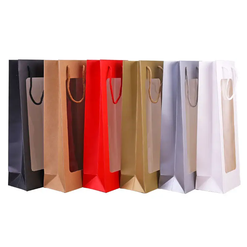 Hot Sale Custom Transparent Wine Bottle Paper Bags with Ribbon Handles