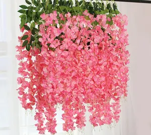 도매 식물 등나무 교수형 실크 꽃 화환 등나무 꽃 115 cm 웨딩 꽃