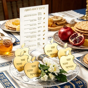 Ensemble d'anneaux de serviette en acrylique doré effet miroir avec plateau à cartes transparent en acrylique pour <span class=keywords><strong>Shana</strong></span> Tova et Rosh Hashanah Simanim - Product Image 4