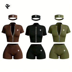 Ensemble de vêtements de sport pour femmes en 3 pièces, veste courte à fermeture éclair à manches courtes, short de sport, bandeau, <span class=keywords><strong>tenue</strong></span> de yoga, gym, entraînement, fitness, vêtements de sport - Product Image 3