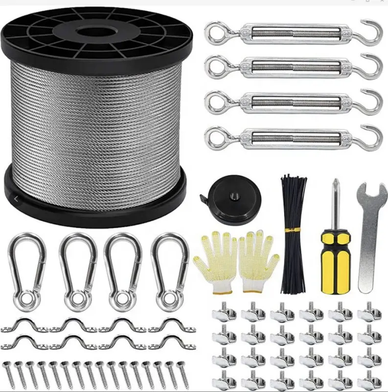 String Light Suspension Kit with Stainless Steel 150fts PVC Coated Wire Rope,Turnbuckle and Hooks