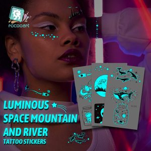 Autocollant de <span class=keywords><strong>tatouage</strong></span> lumineux bleu avec étoile de lune de montagne brillant dans le <span class=keywords><strong>tatouage</strong></span> imperméable sombre temporaire - Product Image 1