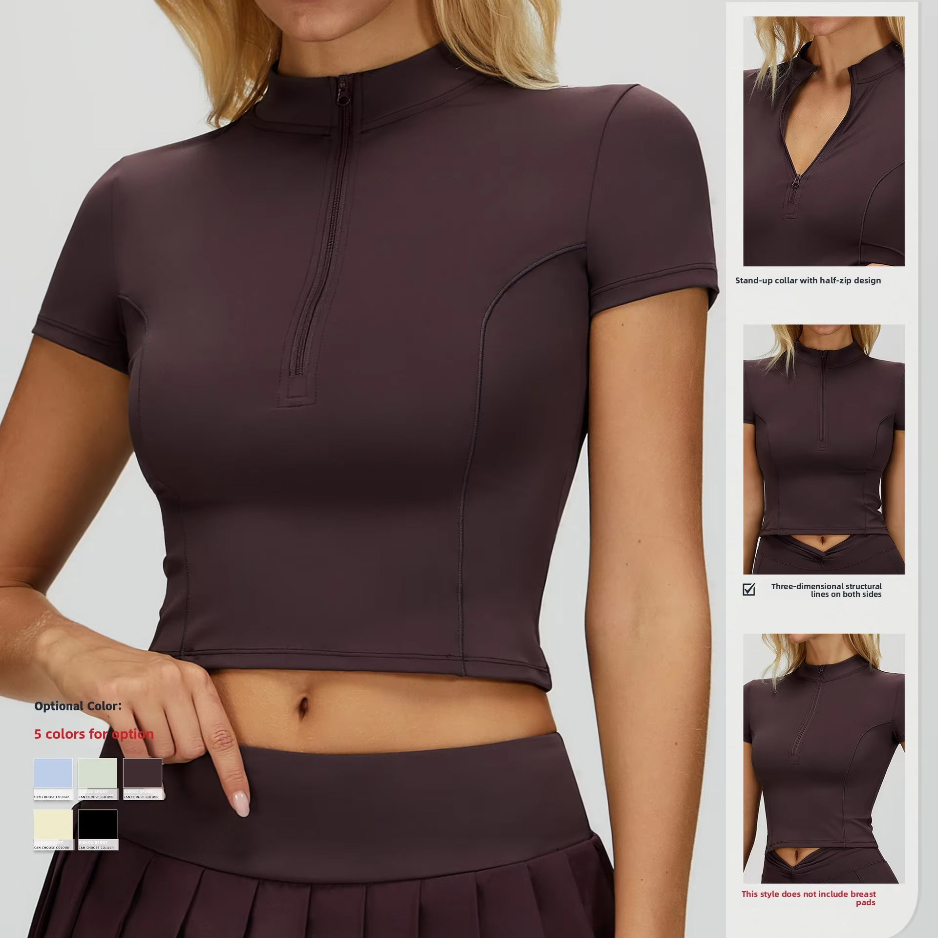TongJoes Cross-Border Women's Yoga Short-Sleeve Stand-Up Collar Zipper Skinny Fit Four-Way Stretch Sweat-Wicking Front