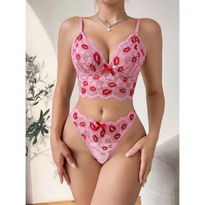B925 filles chaudes lèvre imprimer Sexy vidéo <span class=keywords><strong>Lingerie</strong></span> 2 pièces dentelle soutien-gorge et culotte ensemble col rond femmes ensemble de sous-vêtements <span class=keywords><strong>Lingerie</strong></span> sensuelle - Product Image 3