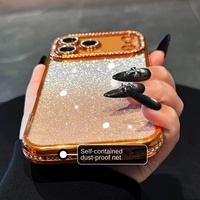 Protection d'objectif avancée en TPU antichoc avec cadre en strass pour 17 Pro Max, dégradé orange, pailleté et électroplaqué